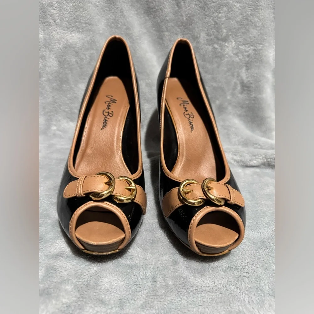 Black and Tan Peep Toe Heels - Picture 2 of 8